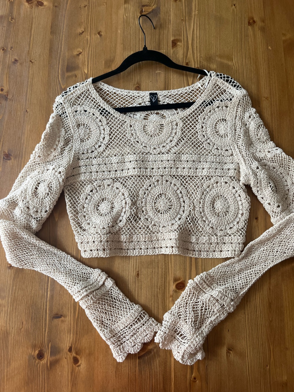 Windsor Beige Crochet Long-Sleeve Crop Top